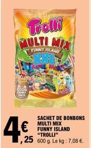 Trolli  MULTI MIX  TUNNY ISLAND  4€  € FUNNY ISLAND  "TROLLI"  ,25 600 g. Le kg: 7,08 €.  SACHET DE BONBONS 