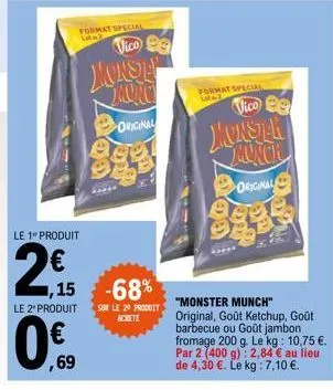 le 1 produit  2€  format special  ,69  le 2º produit  1,15 -68%  vico eg  monste mung  original  sur le 20 produit achete  format special late  vico be  monster monch  logo  original  "monster munch" 