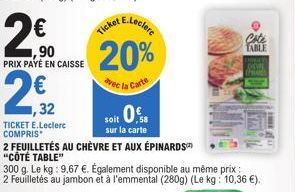 ,90  PRIX PAYÉ EN CAISSE  2€2  1,32  TICKET E.Leclerc COMPRIS  et E.Leclerc  20%  avec la Carte  Ticket  soit 0%  sur la carte  2 FEUILLETÉS AU CHÈVRE ET AUX ÉPINARDS)  "CÔTÉ TABLE"  300 g. Le kg: 9,6