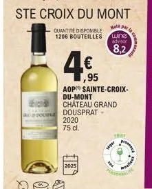 d dousple  quantité disponible 1206 bouteilles  4€  1,95  2020 75 cl.  2025  ste croix du mont  note par  wine  advisor  8,2  aop sainte-croix-du-mont chateau grand dousprat -  fac  fiy  melles 