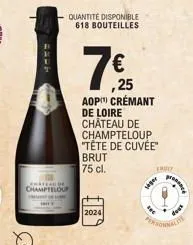 pakk  quantité disponible 618 bouteilles  lahateau de champteloup  --  2024  ,25  aop crémant de loire château de champteloup "tête de cuvée" brut 75 cl.  fruit  siger  840  does  personnalis 