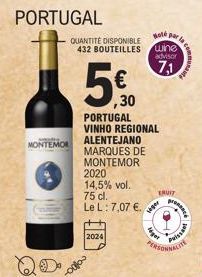 MONTEMOR  PORTUGAL  QUANTITÉ DISPONIBLE 432 BOUTEILLES  5€0  ,30  2024  PORTUGAL VINHO REGIONAL ALENTEJANO  MARQUES DE MONTEMOR 2020 14,5% vol.  75 cl.  Le L: 7,07 €.  Kolé par wine advisor  7,1  ERUI