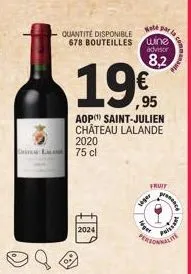 cl 75 cl  19  sold  quantité disponible 678 bouteilles wine  advisor  8,2  2024  ,95  aop saint-julien château lalande 2020  lager  fruit  ge  podach  poissant  mute 