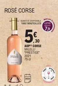 rosé corse  milelli  quantité disponible 1002 bouteilles  5€  aop corse milelli "prestige  2021  75 dl  ,30  2024  saté  wine advisor  7,9  siger  200  pronas  1.  dosk  