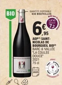 bio  -000  quantité disponible 630 bouteilles  hole par wine advisor  € 7,2 ,95  6  aop(¹) saint-nicolas de  bourgueil bio(2) barc & vallée "la coulée douce" 2021 75 cl  2025  fruit  sager  →  leger  