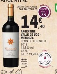 2029  Hole par la  QUANTITÉ DISPONIBLE 366 BOUTEILLES wine  14,5% vol.  75 cl.  Le L: 19,20 €,  14%  ARGENTINE VALLE DE UCO - MENDOZA  CLOS DE LOS SIETE  2019  advisor  7,9  siger  FRUIT  Ager  pred  