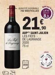 quantité disponible 702 bouteilles  lfde lagrange lagrang 2020  75 cl  2040  21  ,90  aop saint-julien les fiefs  wote par  wine advisor  8,3  ger  siger  front  puissan  malite  prome 