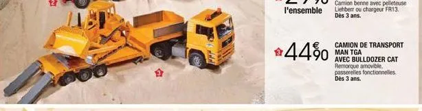 camion de transport man tga  avec bulldozer cat remorque amovible, passerelles fonctionnelles. dès 3 ans. 