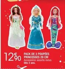 12%  pack de 3 poupées princesses 29 cm accessoires assortis inclus. dès 3 ans.  oo wisatas 
