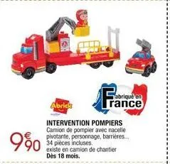 990  abricks  intervention pompiers camion de pompier avec nacelle pivotante, personnage, barrières... 34 pièces incluses. existe en camion de chantier dès 18 mois.  abriqué en rance 