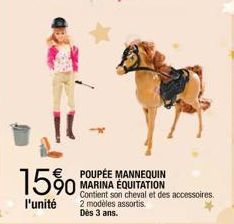 15%  l'unité  POUPÉE MANNEQUIN MARINA ÉQUITATION  Contient son cheval et des accessoires. 2 modèles assortis. Dès 3 ans. 