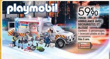 playmobil  59%  70936 AMBULANCE AVEC SECOURISTES ET BLESSE  Contient: 3 personnages, 1 brancard pliable et des accessoires Dès 5 ans.  2 pies L 