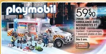 playmobil  59%  70936 ambulance avec secouristes et blesse  contient: 3 personnages, 1 brancard pliable et des accessoires dès 5 ans.  2 pies l 