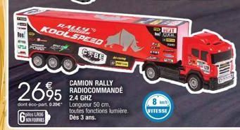 NONFOURNES  KOOLSPEED RALLY  BE  2695  2.4 GHZ dont éco-part. 0.20€ Longueur 50 cm.  6  CAMION RALLY  RADIOCOMMANDÉ  toutes fonctions lumière. Dès 3 ans.  8 VITESSE  HAT SAN  PAK 