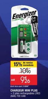 Energizer  RECHA  1 AAA FO  co  15% de remise  immédiate  10% 926  soit  dont éco-part. 0.00€  CHARGEUR MINI PLUG +2 piles rechargeables LR03 (AAA) 700 mAh 