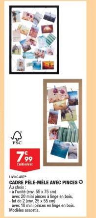 FSC  799  allt  LIVING ART  CADRE PÊLE-MÊLE AVEC PINCES  Au choix:  - à l'unité (erw. 55 x 75 cm)  avec 20 mini pinces à linge en bois,  - lot de 2 (env. 25 x 55 cm)  avec 10 mini pinces en linge en b