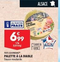 AU RAYON FRAIS  69⁹9  12 53  PAYS GOURMAND  PALETTE À LA DIABLE Sauce moutarde.  Paletle  ELABORE ENERG  PRANCAIS  FRANCE  ALSACE 