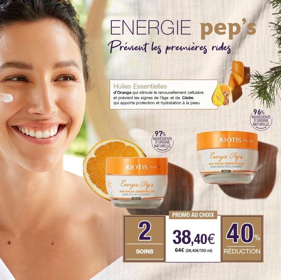 ENERGIE pep's  Prévient les premières rides  Huiles Essentielles  d'Orange qui stimule le renouvellement cellulaire et prévient les signes de l'âge et de Cèdre qui apporte protection et hydratation à 