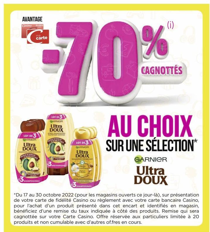 -70% cagnottes su choix sur une selection Garnier Ultra doux