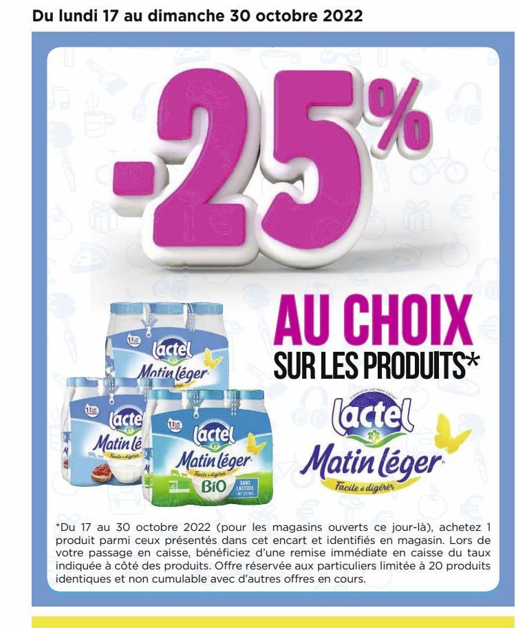 -25% au choix sur les produits lactel Matin Léger