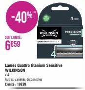 SOIT L'UNITÉ:  6€59  WILKINSON PRECISION  M  QUAITING  (1  Lames Quattro titanium Sensitive WILKINSON  x4  Autres variétés disponibles L'unité: 10€99 
