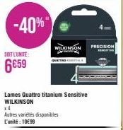 SOIT L'UNITÉ:  6€59  WILKINSON PRECISION  M  QUAITING  (1  Lames Quattro titanium Sensitive WILKINSON  x4  Autres variétés disponibles L'unité: 10€99 