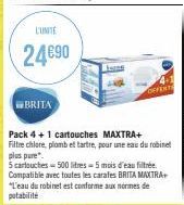 L'UNITÉ  24€90  BRITA  June  Pack 4 + 1 cartouches MAXTRA+ Filtre chlore, plomb et tartre, pour une eau du robinet plus pure  5 cartouches 500 litres-5 mois d'eau filtrée Compatible avec toutes les ca