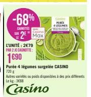 -68%  CANOTTES  L'UNITÉ: 2€79  PAR 2 JE CAGNOTTE:  1€90  2 Max  Purée 4 légumes surgelée CASINO  720 g  Case PURIT  4 LEGUMES  Autres variétés ou poids disponibles à des prix différents Le kg: 3688  C