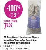 -100%  3⁰"  SOIT PAR 3 L'UNITÉ:  7€32  A Assortiment Saucissons Olives-Noisettes-Chèvre-Pur Porc-Cèpes SALAISONS ARTISANALES 
