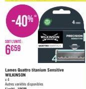 SOIT L'UNITÉ:  6€59  WILKINSON PRECISION  M  QUAITING  (1  Lames Quattro titanium Sensitive WILKINSON  x4  Autres variétés disponibles L'unité: 10€99 