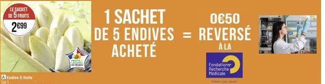 le sachet de 5 fruits  2€99  fruite legume  0€50  1 sachet de 5 endives = reversé acheté  à la  fondation recherche médicale 