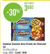 Granola  GROSCLETE MERGULAY  Granola  CROS CHOCOLAT  Cookies Granola Gros Éclats de Chocolat LU  2x276 g (552 g)  Le kg: 6€52. L'unité: 5646  LOT 