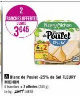 2  TRANCHES OFFERTES L'UNITE  3€45  Fleury Michon  de Poulet  2%801  6+2  OFFERTES  A Blanc de Poulet -25% de Sel FLEURY MICHON  6 tranches + 2 offertes (240 g)  Le kg: 14638 