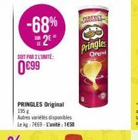 -68%  2E*  SOIT PAR 2 L'UNITÉ:  0€99  PRINGLES Original 195 g  Autres variétés disponibles Le kg : 7669-L'unité : 1650  Pringles Origin 