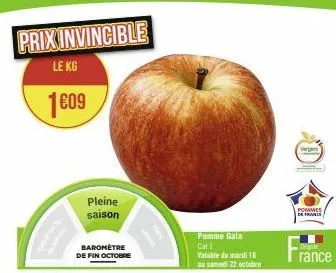 prix invincible  le kg  1609  pleine saison  baromètre de fin octobre  pomme gala  cat 1  valable du mardi 18 au samedi 22 octobre  vergers  f  pommes de france  origine  rance 