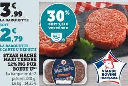 3,99  LA BARQUETTE SOIT  21,79  LA BARQUETTE (CARTE U DEDUITS STEAK HACHÉ MAXI TENDRE 12% MG PUR BOEUF U La barquette de 2 pièces (280 g) Le kg: 14,25 €  30%  SOIT 1,20 € VERSE SUR  Maw Tender  VIANDE