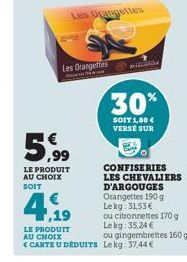 Les Orangettes  Les Orangettes  5.9⁹⁹  LE PRODUIT AU CHOIX SOIT  4,19  LE PRODUIT AU CHOIX <CARTE U DÉDUITS  pili  30%  SOIT 1,50 € VERSE SUR  CONFISERIES  LES CHEVALIERS  D'ARGOUGES Orangettes 190 g 