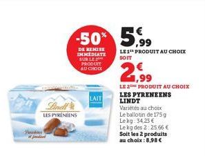 jandard  Lindl LES PYRENEENS  -50% 5,99  DE REMISE IMMEDIATE SUR LE PRODUIT AU CHOIX  LAIT  LE 1 PRODUIT AU CHOIX  SOIT  2.99  LE 2 PRODUIT AU CHOIX LES PYRENEENS LINDT Variétés au choix Le ballotin d