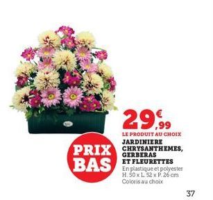 29,99  LE PRODUIT AU CHOIX  JARDINIERE  PRIX CHRYSANTHEMES,  BAS  ET FLEURETTES En plastique et polyester H. 50 x L. 52 x P. 26 cm Coloris au choix  37 