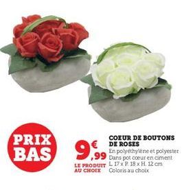 PRIX BAS  9,99  COEUR DE BOUTONS € DE ROSES  En polyéthylène et polyester Dans pot coeur en ciment LE PRODUIT L 17x P. 18 x H. 12 cm AU CHOIX Coloris au choix  