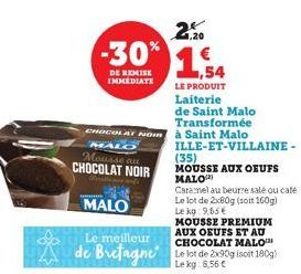 1,20  -30% 14  DE REMISE IMMEDIATE  Mousse au CHOCOLAT NOIR  MALO  CHOCOLAT NOW à Saint Malo  MALO  LE PRODUIT Laiterie  op  Le meilleur  MOUSSE PREMIUM AUX OEUFS ET AU CHOCOLAT MALO  2 de Bretagne Le