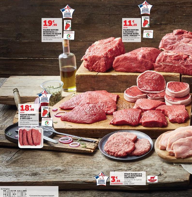 18.95  LE RG  VIANDE BOVINE STEAK***  A GRILLER  Categorie précisée sur le  Seu de vente  La barquette de 4 pièces  (1) Origine  FRANCHE COMITÉ  19,95  LENG  VIANDE BOVINE RUMSTECK*** EN PAVE OU FACON