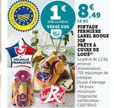 NGE  VOLAILLE FRANÇAISE  Loue  18,49  LE KG  PINTADE FERMIERE  SUR LA PIÈCE VERSE SUR  bue  R  LABEL ROUGE  IGP PRÊTE À CUIRE DE LOUE La pièce de 1,2 kg environ  Alimentation: 75% minimum de  céréales