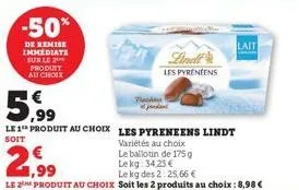 -50%  de remise immediate sur le 2 produit au choix  5,99  le 1 produit au choix les pyreneens lindt  soit  variétés au choix  le ballotin de 175 g lekg: 34,23 €  le kg des 2:25,66 €  le 2the produit 