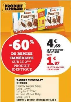 produit partenaire  kinder s  country  -60%  de remise immédiate sur le 2 me produit identique  bon plan  18  barres  barres chocolat kinder  country 9x2 (soit 423 g)  le kg: 11,09 €  kinder  country 