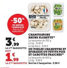 -50%  DE REMISE IMMEDIATE SUR LA BARQUETTE  CHAMPIGNONS BRUNS FLORETTE  La barquette de 350 g Le kg: 11,40 €  Le kg des 2:8.54 €  LA 1 BARQUETTE OU POELEE CHAMPETRE ET  SOIT  EPINARDS OU PETITS POIS E