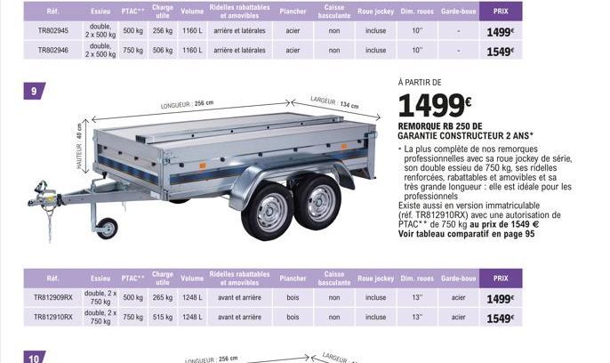 9  TR802945 TR802946  Ref.  10  Ref.  TR812909RX  TR812910RX  HAUTEUR: 40 cm  Essieu PTAC**  double, 2 x 500 kg  double. 2 x 500 kg  double, 2 x  750 kg  500 kg  750 kg  Charge utile  Volume  256 kg 1