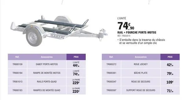 ref.  tr800159  tr800184  tr901013  tr800183  accessoires  sabot porte-motos  rampe de montée motos  rails porte-quad  rampes de montée quad  prix  l'unite  44%  l'unite  74%  la paire  229€  la paire
