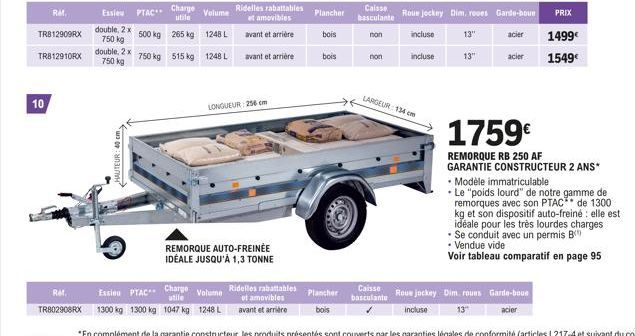 10  Ref.  TR812909RX  TR812910RX  double, 2 x  750 kg  MOTEUR  Essieu PTAC  Ref. TR802908RX 1300 kg 1300 kg  Essieu PTAC  double, 2 x 500 kg 265 kg 1248 L 750 kg  750 kg 515 kg 1248 L  Charge utile  V