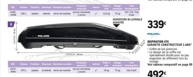 Ref. C440-VONB  HAUTEUR: 43 cm  Ref.  C470- INNA  430 L  Volume Fixations Ouverture Ouverture assistée  rapides  POLAIRE  laterale vérins de maintien serrure centralisée  3 points  Fermeture sécurisée